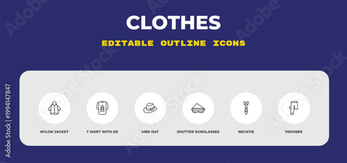 outline clothes icons set - nylon jacket, t shirt with de, men hat. editable vector for web and mobile ui