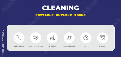 outline cleaning icons set - floor cleaner, wiping sponge tool, mop cleanin. editable vector for web and mobile ui
