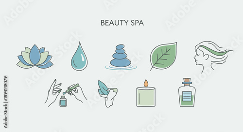 Beauty spa line art icon set for wellness and skincare