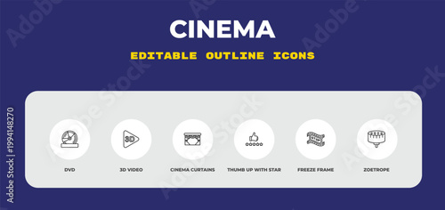 outline cinema icons set - dvd, 3d video, cinema curtains. editable vector for web and mobile ui
