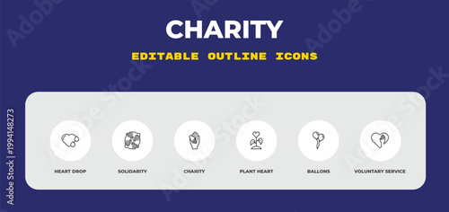 outline charity icons set - heart drop, solidarity, charity. editable vector for web and mobile ui