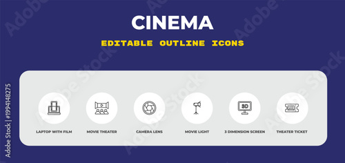 outline cinema icons set - laptop with film strip, movie theater, camera lens. editable vector for web and mobile ui