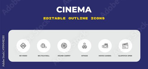 outline cinema icons set - hd video, big film roll, round carpet. editable vector for web and mobile ui