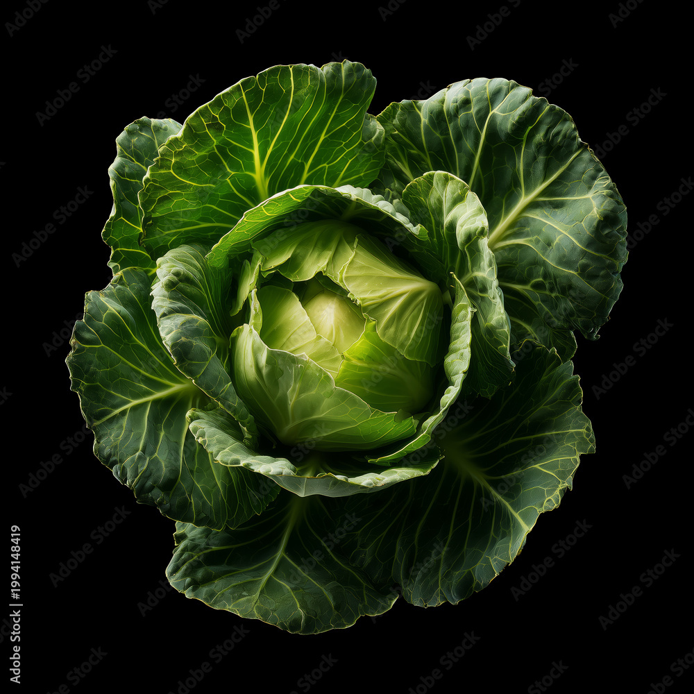 Obraz premium Whole green cabbage with vibrant outer leaves isolated on black background with clipping path.