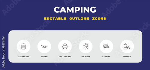 outline camping icons set - sleeping bag, fishing, explorer hat. editable vector for web and mobile ui
