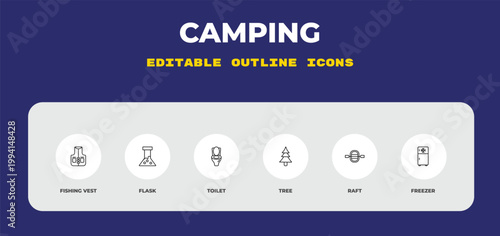 outline camping icons set - fishing vest, flask, toilet. editable vector for web and mobile ui