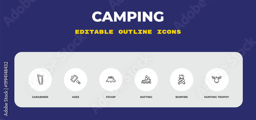 outline camping icons set - carabiner, axes, stump. editable vector for web and mobile ui