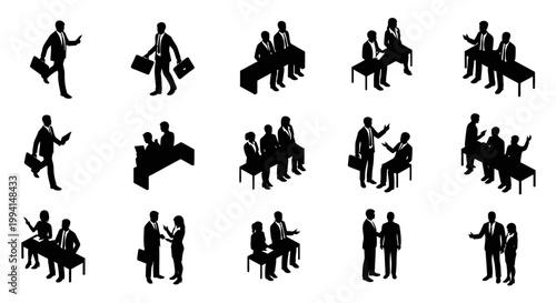 a vector set of isometric business people silhouettes for illustrating office life meetings and corporate work