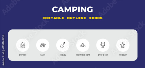 outline camping icons set - canteen, cabin, shovel. editable vector for web and mobile ui
