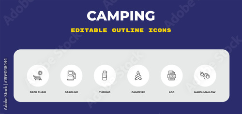 outline camping icons set - deck chair, gasoline, thermo. editable vector for web and mobile ui