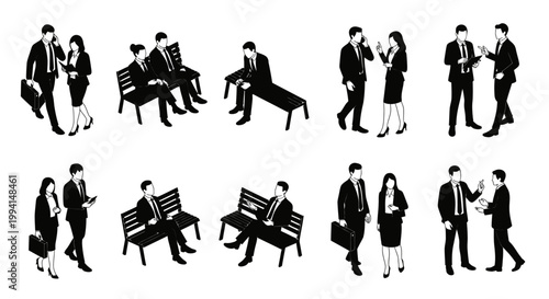 business people in suits interacting in various professional scenarios