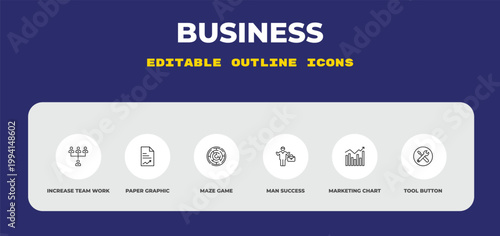 outline business icons set - increase team work, paper graphic, maze game. editable vector for web and mobile ui
