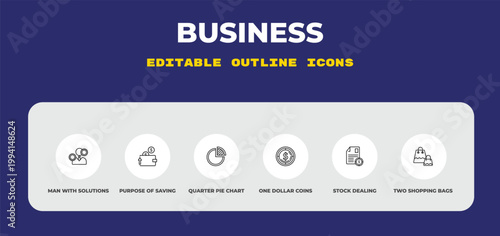 outline business icons set - man with solutions, purpose of saving money, quarter pie chart. editable vector for web and mobile ui