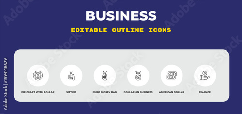 outline business icons set - pie chart with dollar, sitting, euro money bag. editable vector for web and mobile ui
