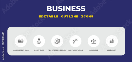 outline business icons set - broken credit card, money sack, item interconnections. editable vector for web and mobile ui