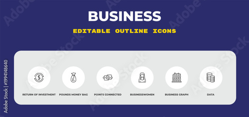 outline business icons set - return of investment, pounds money bag, points connected chart. editable vector for web and mobile ui