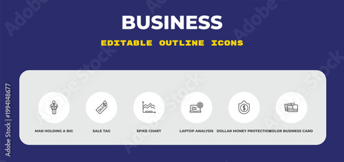 outline business icons set - man holding a big coin, sale tag, spike chart. editable vector for web and mobile ui