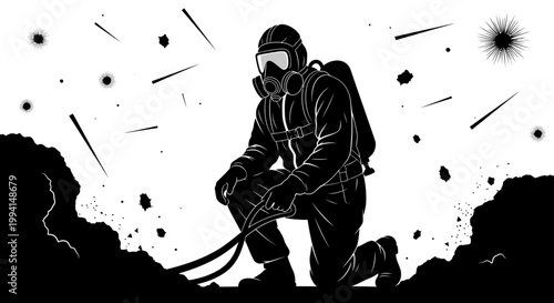 a hazmat suit worker in a gas mask kneels near asbestos and hazardous waste emphasizing environmental protection