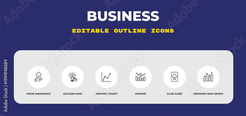 outline business icons set - home insurance, success man, graphic chart. editable vector for web and mobile ui