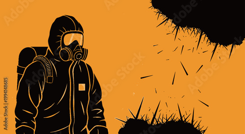 a hazmat suit and gas mask protect a person from hazardous material and danger in a spiky threatening crisis environment.
