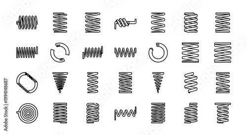 spring icon collection featuring various metal engineering components illustrating elasticity and industrial concepts for design.