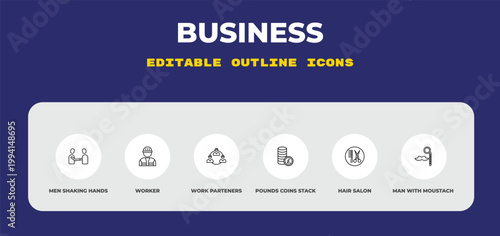 outline business icons set - men shaking hands, worker, work parteners. editable vector for web and mobile ui