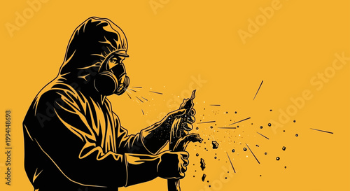a protective suit worker in a hazmat uniform handles crumbling asbestos material creating flying debris illustrating industrial safety.