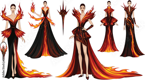 Fantasy Fire Goddess Fashion Set Featuring Elegant Female Characters in Flame Themed Gowns and Lava Inspired Dresses for Creative Game Concept Art Designs