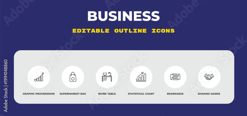 outline business icons set - graphic progression, supermarket bag, work table. editable vector for web and mobile ui