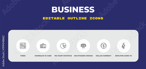 outline business icons set - tones, journalist id card, pie chart statistics. editable vector for web and mobile ui