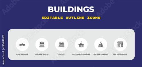 outline buildings icons set - rialto bridge, chinese temple, greece. editable vector for web and mobile ui