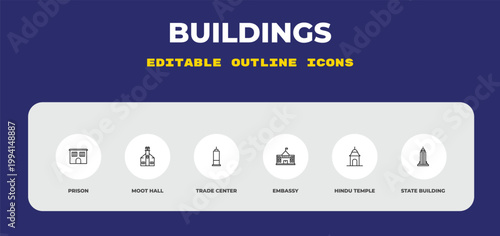outline buildings icons set - prison, moot hall, trade center. editable vector for web and mobile ui
