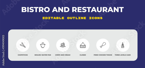 outline bistro and restaurant icons set - chopsticks, boiling water pan, crepe and cream. editable vector for web and mobile ui