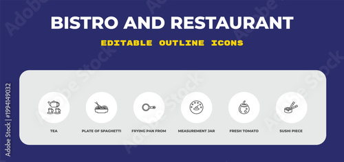 outline bistro and restaurant icons set - tea, plate of spaghetti, frying pan from top. editable vector for web and mobile ui