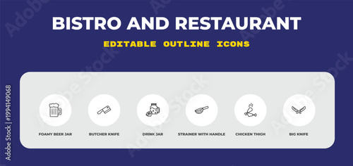 outline bistro and restaurant icons set - foamy beer jar, butcher knife, drink jar. editable vector for web and mobile ui