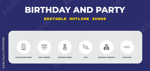 outline birthday and party icons set - love smartphone, just married, wedding dress. editable vector for web and mobile ui