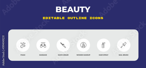 outline beauty icons set - foam, massage, hair curler. editable vector for web and mobile ui
