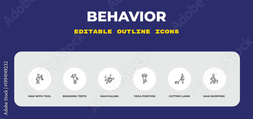 outline behavior icons set - man with tool, brushing teeth, man falling. editable vector for web and mobile ui