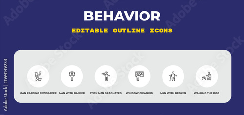 outline behavior icons set - man reading newspaper, man with banner, stick man graduated. editable vector for web and mobile ui