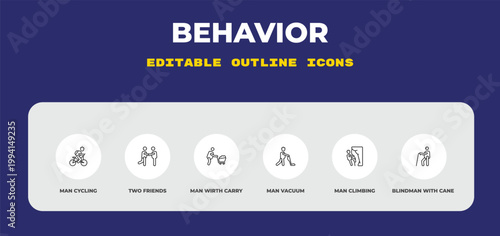 outline behavior icons set - man cycling, two friends, man wirth carry. editable vector for web and mobile ui
