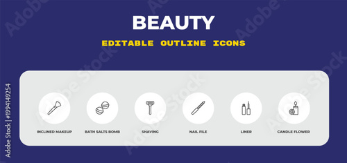 outline beauty icons set - inclined makeup brush, bath salts bomb, shaving. editable vector for web and mobile ui