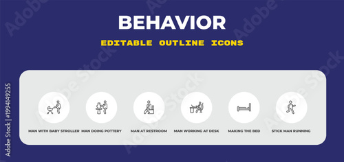 outline behavior icons set - man with baby stroller, man doing pottery, man at restroom. editable vector for web and mobile ui