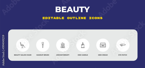 outline beauty icons set - beauty salon chair, makeup brush, aromatherapy. editable vector for web and mobile ui