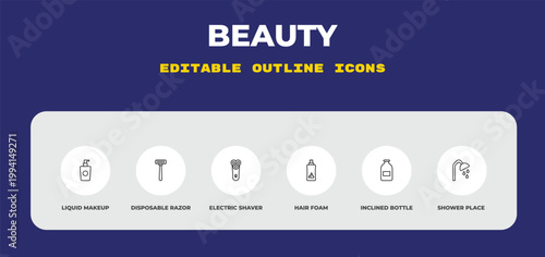 outline beauty icons set - liquid makeup, disposable razor, electric shaver. editable vector for web and mobile ui