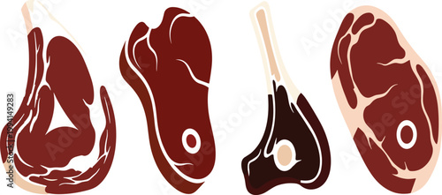 Fresh Raw Meat Cuts and Beef Steaks Vector Set Including Ribeye Sirloin Lamb Chops and T-bone for Butchery Menu and Culinary Designs