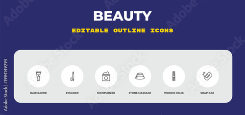 outline beauty icons set - hair razor, eyeliner, moisturizer. editable vector for web and mobile ui