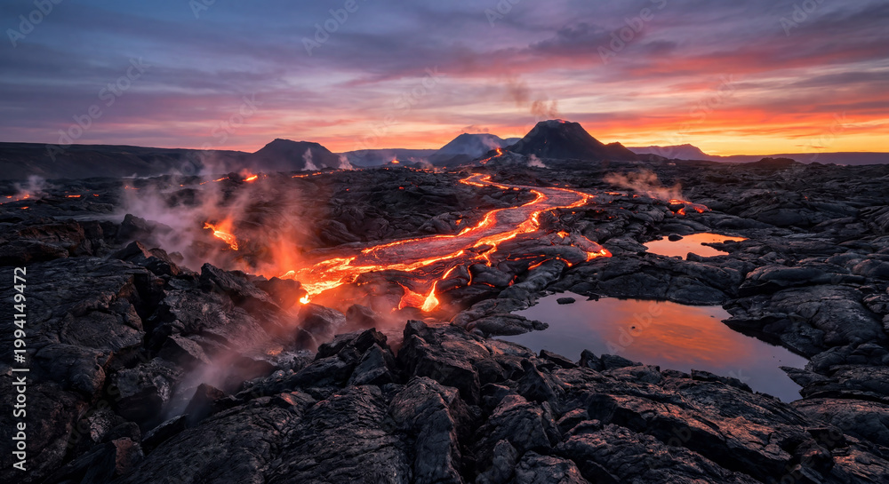 Fototapeta premium Glowing lava river winds through dark volcanic rock at sunset