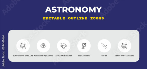 outline astronomy icons set - jupiter with satellite, alien with aqualung, astranaut helmet. editable vector for web and mobile ui