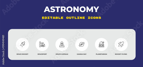 outline astronomy icons set - space rocket, spaceport, space capsule. editable vector for web and mobile ui