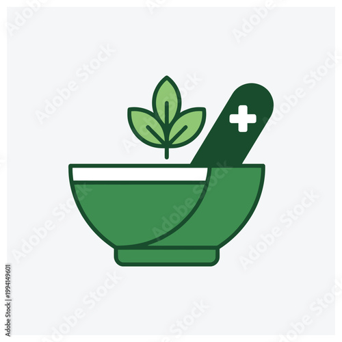 Green bowl with herbal leaves and first aid bandage